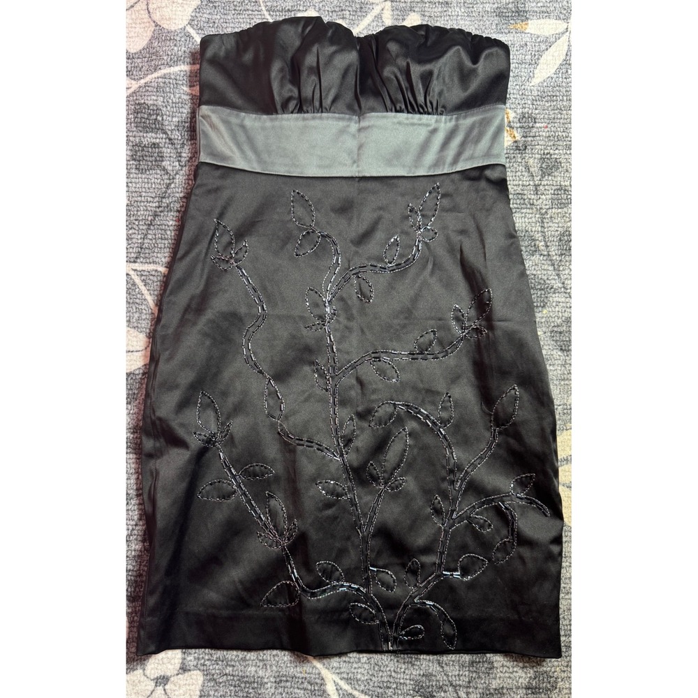 F21 Strapless Cocktail Dress Womens S Black Good Beaded Vine Satin Sweetheart